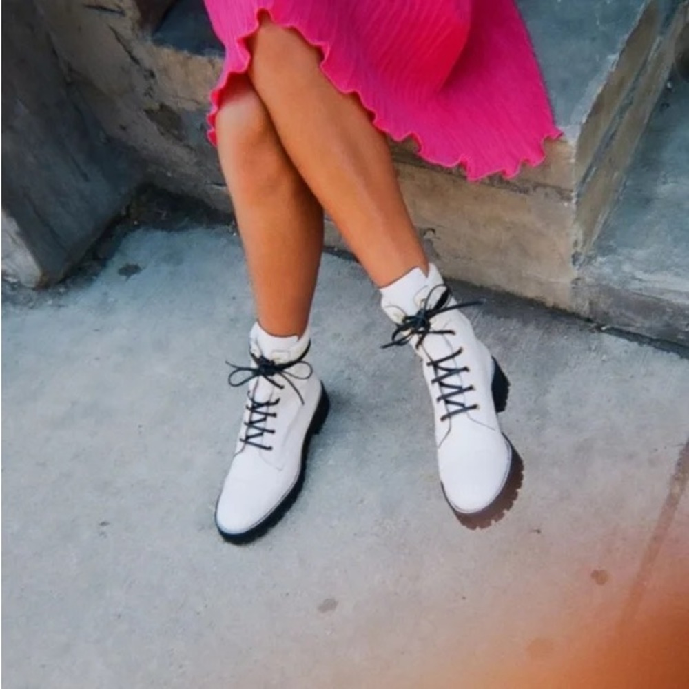 Stuart Weitzman | Lexy Leather Lug Sole Combat Boot in White 8